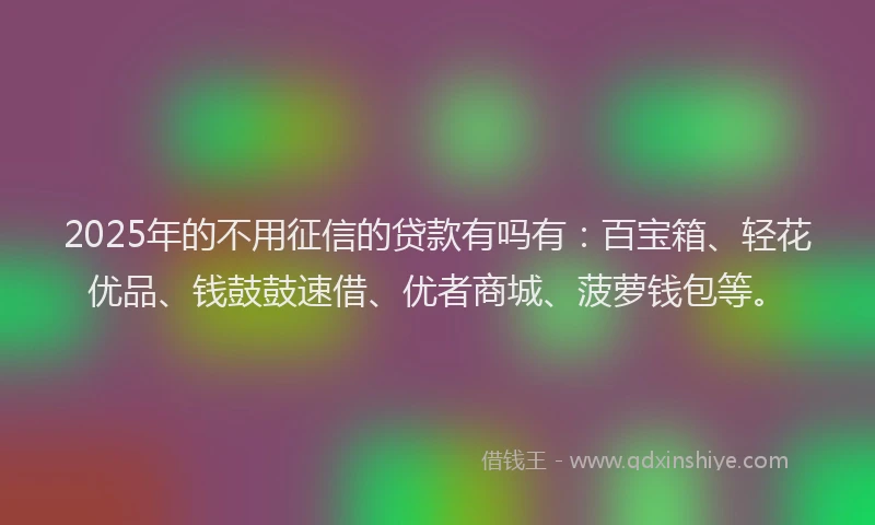 2025年的不用征信的贷款有吗有：百宝箱、轻花优品、钱鼓鼓速借、优者商城、菠萝钱包等。