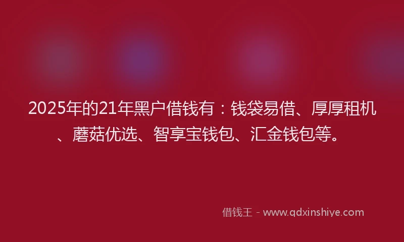 2025年的21年黑户借钱有：钱袋易借、厚厚租机、蘑菇优选、智享宝钱包、汇金钱包等。