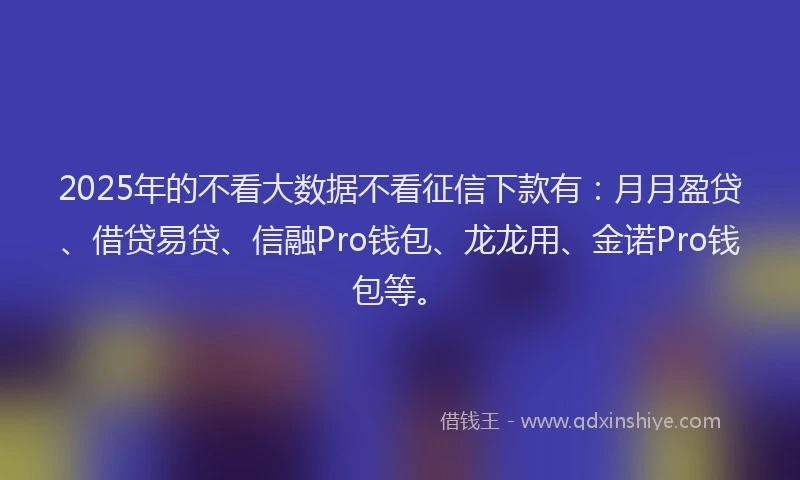 2025年的不看大数据不看征信下款有：月月盈贷、借贷易贷、信融Pro钱包、龙龙用、金诺Pro钱包等。