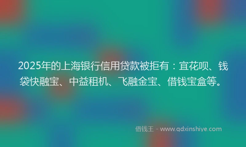 2025年的上海银行信用贷款被拒有：宜花呗、钱袋快融宝、中益租机、飞融金宝、借钱宝盒等。