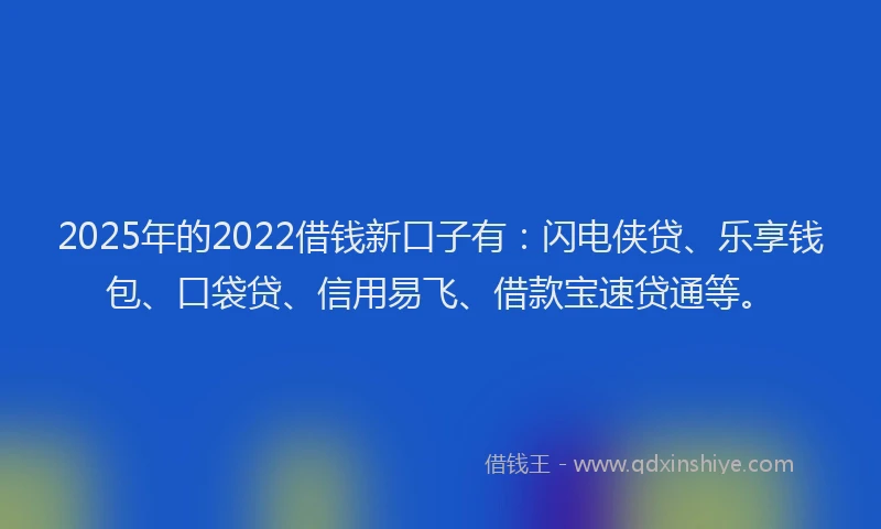 2025年的2022借钱新口子有：闪电侠贷、乐享钱包、口袋贷、信用易飞、借款宝速贷通等。