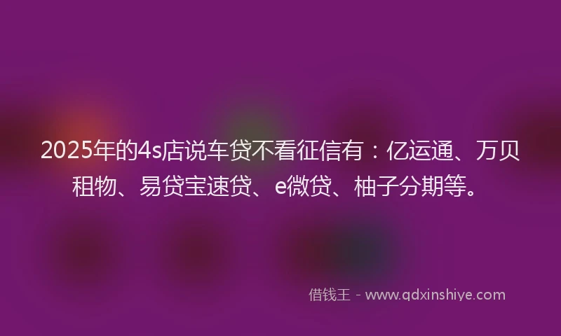 2025年的4s店说车贷不看征信有：亿运通、万贝租物、易贷宝速贷、e微贷、柚子分期等。