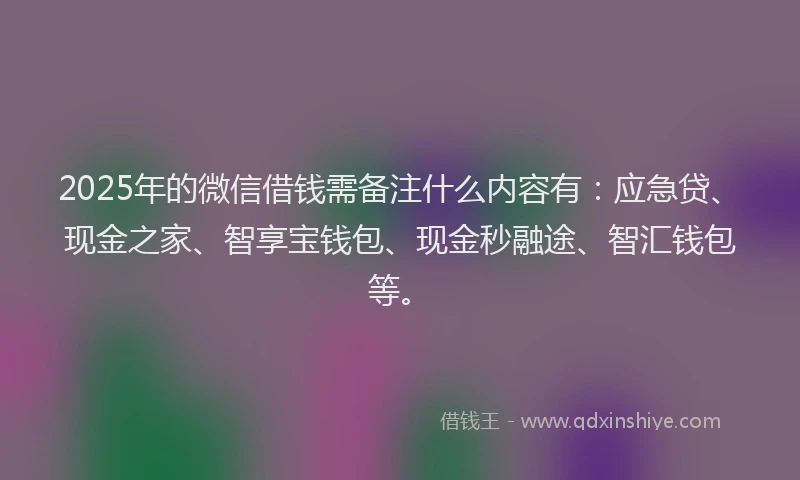2025年的微信借钱需备注什么内容有：应急贷、现金之家、智享宝钱包、现金秒融途、智汇钱包等。