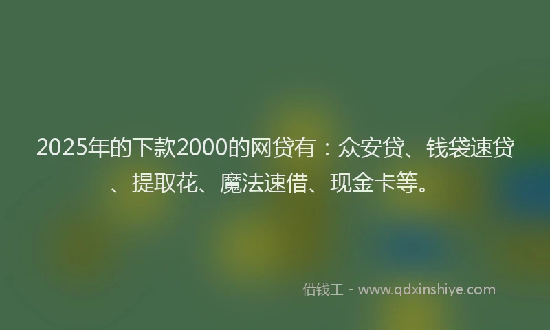 2025年的下款2000的网贷有：众安贷、钱袋速贷、提取花、魔法速借、现金卡等。