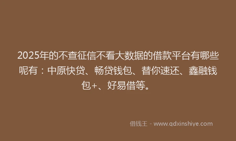 2025年的不查征信不看大数据的借款平台有哪些呢有：中原快贷、畅贷钱包、替你速还、鑫融钱包+、好易借等。