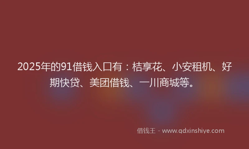 2025年的91借钱入口有：桔享花、小安租机、好期快贷、美团借钱、一川商城等。