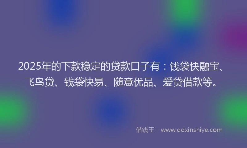 2025年的下款稳定的贷款口子有：钱袋快融宝、飞鸟贷、钱袋快易、随意优品、爱贷借款等。