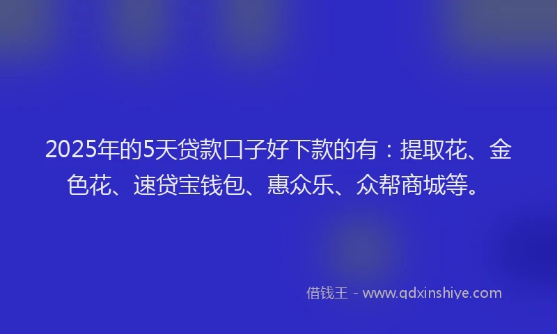 2025年的5天贷款口子好下款的有：提取花、金色花、速贷宝钱包、惠众乐、众帮商城等。