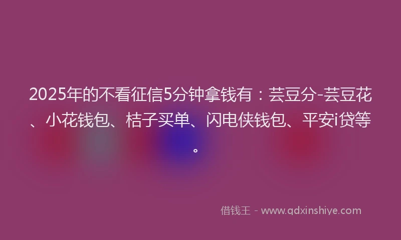 2025年的不看征信5分钟拿钱有：芸豆分-芸豆花、小花钱包、桔子买单、闪电侠钱包、平安i贷等。