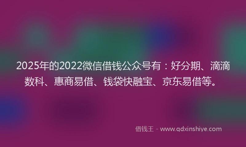 2025年的2022微信借钱公众号有：好分期、滴滴数科、惠商易借、钱袋快融宝、京东易借等。