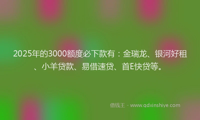 2025年的3000额度必下款有：金瑞龙、银河好租、小羊贷款、易借速贷、首E快贷等。