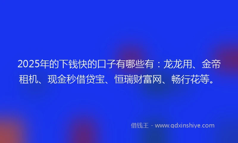 2025年的下钱快的口子有哪些有：龙龙用、金帝租机、现金秒借贷宝、恒瑞财富网、畅行花等。