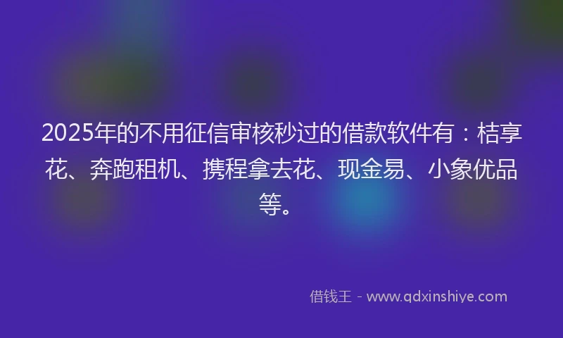 2025年的不用征信审核秒过的借款软件有：桔享花、奔跑租机、携程拿去花、现金易、小象优品等。