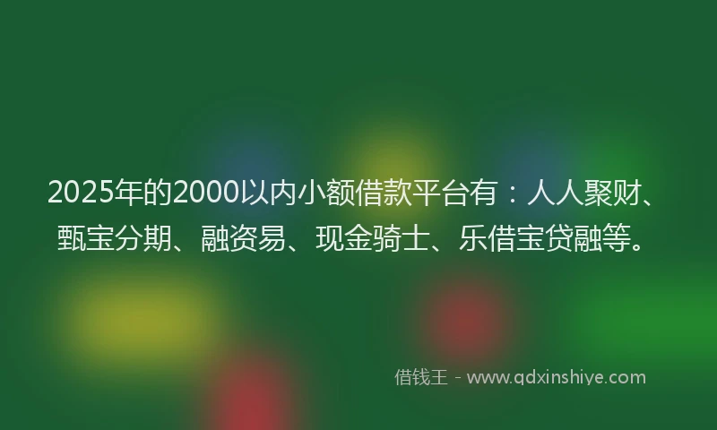 2025年的2000以内小额借款平台有：人人聚财、甄宝分期、融资易、现金骑士、乐借宝贷融等。