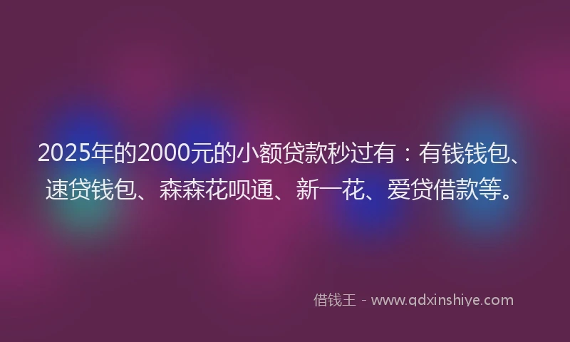 2025年的2000元的小额贷款秒过有：有钱钱包、速贷钱包、森森花呗通、新一花、爱贷借款等。
