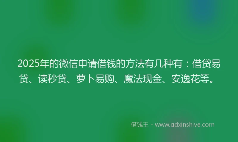2025年的微信申请借钱的方法有几种有：借贷易贷、读秒贷、萝卜易购、魔法现金、安逸花等。