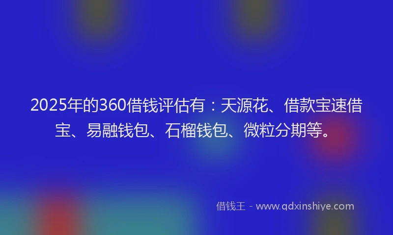 2025年的360借钱评估有：天源花、借款宝速借宝、易融钱包、石榴钱包、微粒分期等。