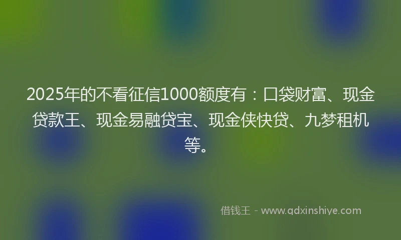 2025年的不看征信1000额度有：口袋财富、现金贷款王、现金易融贷宝、现金侠快贷、九梦租机等。