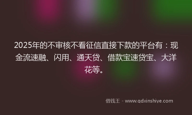 2025年的不审核不看征信直接下款的平台有：现金流速融、闪用、通天贷、借款宝速贷宝、大洋花等。