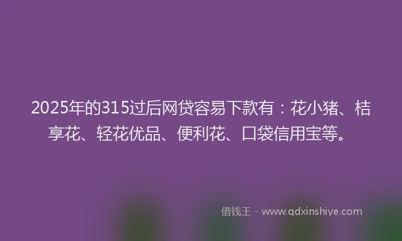 2025年的315过后网贷容易下款有：花小猪、桔享花、轻花优品、便利花、口袋信用宝等。