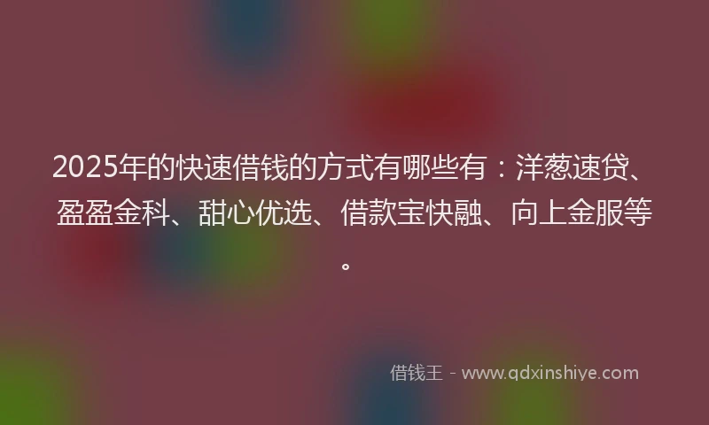 2025年的快速借钱的方式有哪些有：洋葱速贷、盈盈金科、甜心优选、借款宝快融、向上金服等。