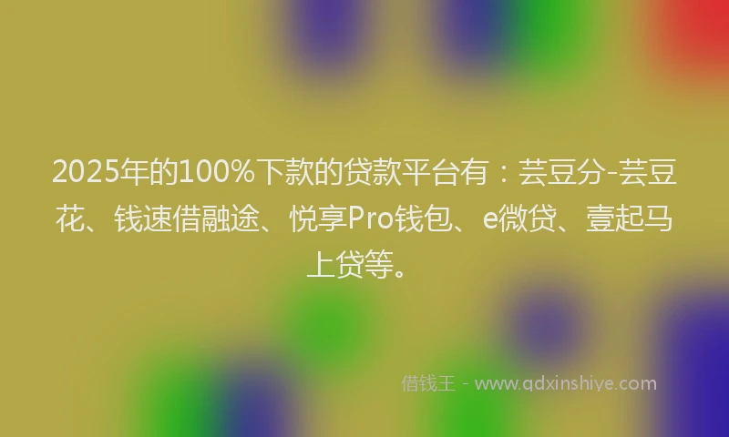 2025年的100%下款的贷款平台有：芸豆分-芸豆花、钱速借融途、悦享Pro钱包、e微贷、壹起马上贷等。