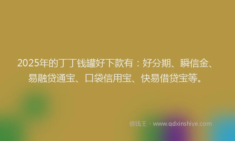 2025年的丁丁钱罐好下款有：好分期、瞬信金、易融贷通宝、口袋信用宝、快易借贷宝等。