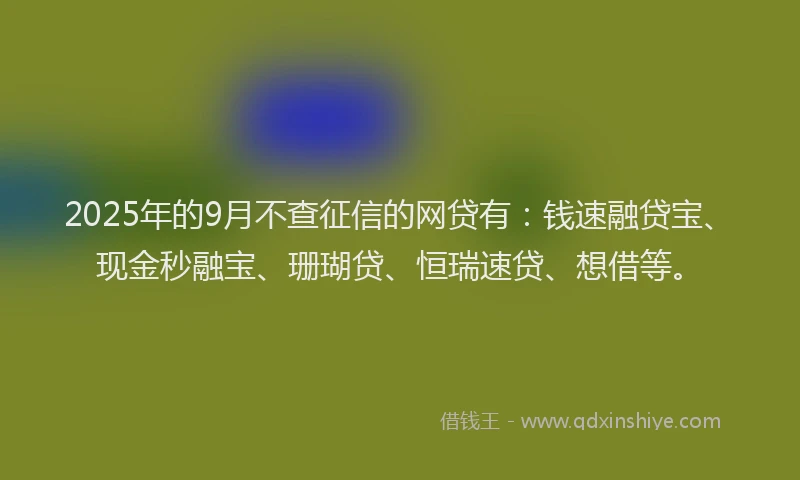 2025年的9月不查征信的网贷有：钱速融贷宝、现金秒融宝、珊瑚贷、恒瑞速贷、想借等。