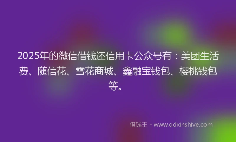 2025年的微信借钱还信用卡公众号有：美团生活费、随信花、雪花商城、鑫融宝钱包、樱桃钱包等。