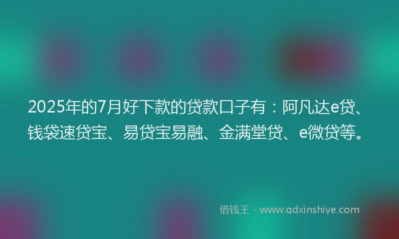 2025年的7月好下款的贷款口子有：阿凡达e贷、钱袋速贷宝、易贷宝易融、金满堂贷、e微贷等。