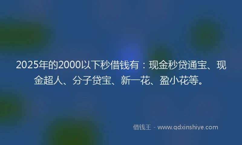 2025年的2000以下秒借钱有：现金秒贷通宝、现金超人、分子贷宝、新一花、盈小花等。