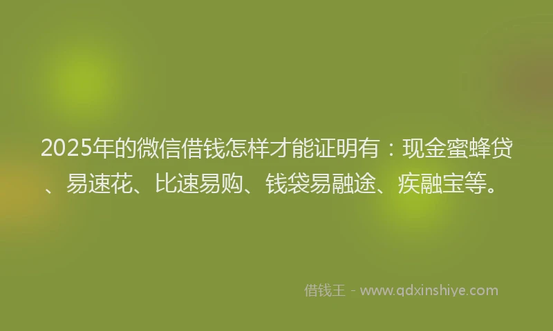 2025年的微信借钱怎样才能证明有：现金蜜蜂贷、易速花、比速易购、钱袋易融途、疾融宝等。