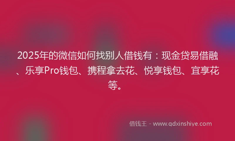 2025年的微信如何找别人借钱有：现金贷易借融、乐享Pro钱包、携程拿去花、悦享钱包、宜享花等。