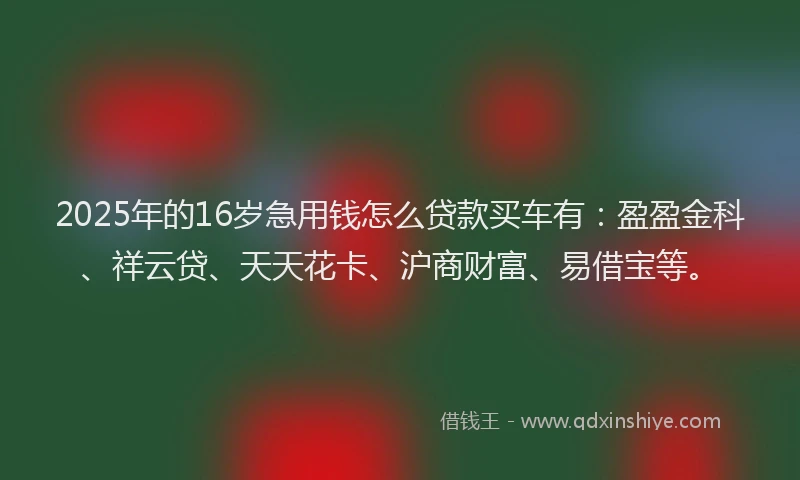2025年的16岁急用钱怎么贷款买车有：盈盈金科、祥云贷、天天花卡、沪商财富、易借宝等。