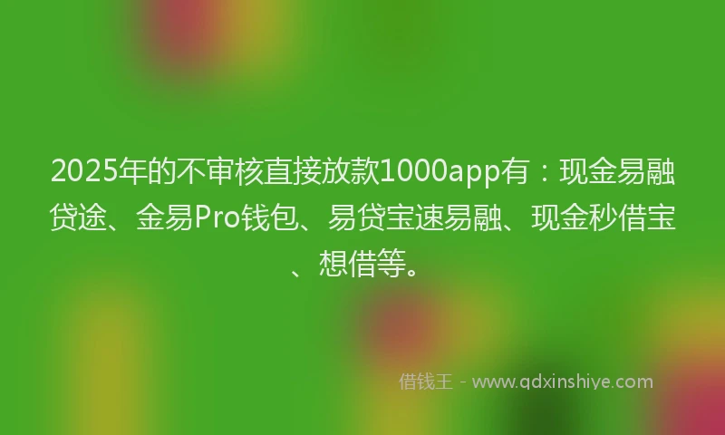 2025年的不审核直接放款1000app有：现金易融贷途、金易Pro钱包、易贷宝速易融、现金秒借宝、想借等。