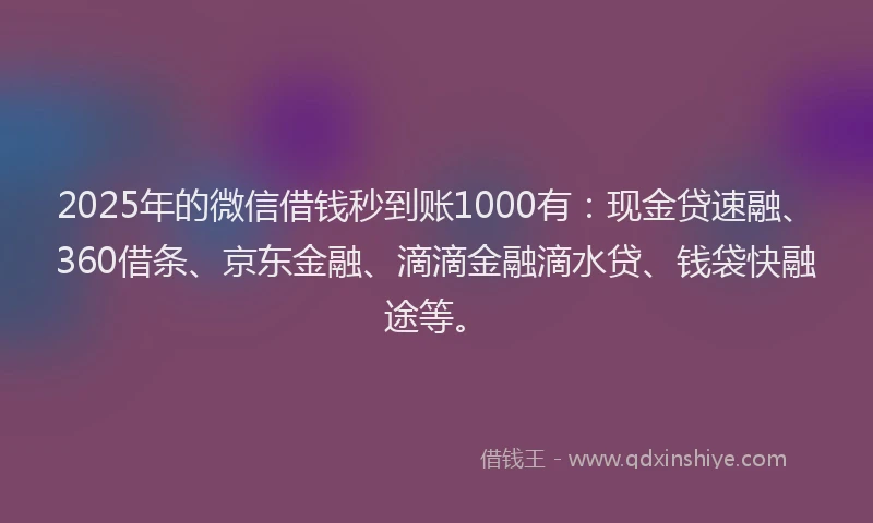 2025年的微信借钱秒到账1000有：现金贷速融、360借条、京东金融、滴滴金融滴水贷、钱袋快融途等。
