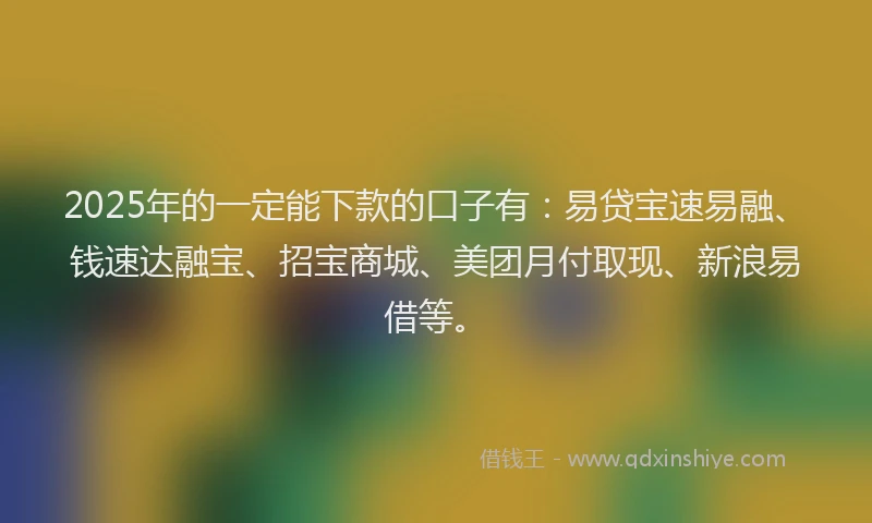 2025年的一定能下款的口子有：易贷宝速易融、钱速达融宝、招宝商城、美团月付取现、新浪易借等。