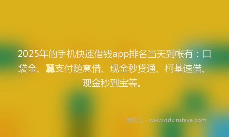 2025年的手机快速借钱app排名当天到帐有：口袋金、翼支付随意借、现金秒贷通、柯基速借、现金秒到宝等。