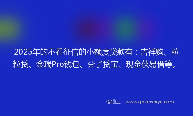 2025年的不看征信的小额度贷款有：吉祥购、粒粒贷、金瑞Pro钱包、分子贷宝、现金侠易借等。