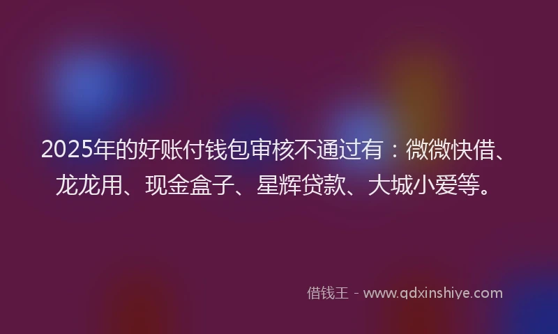 2025年的好账付钱包审核不通过有：微微快借、龙龙用、现金盒子、星辉贷款、大城小爱等。