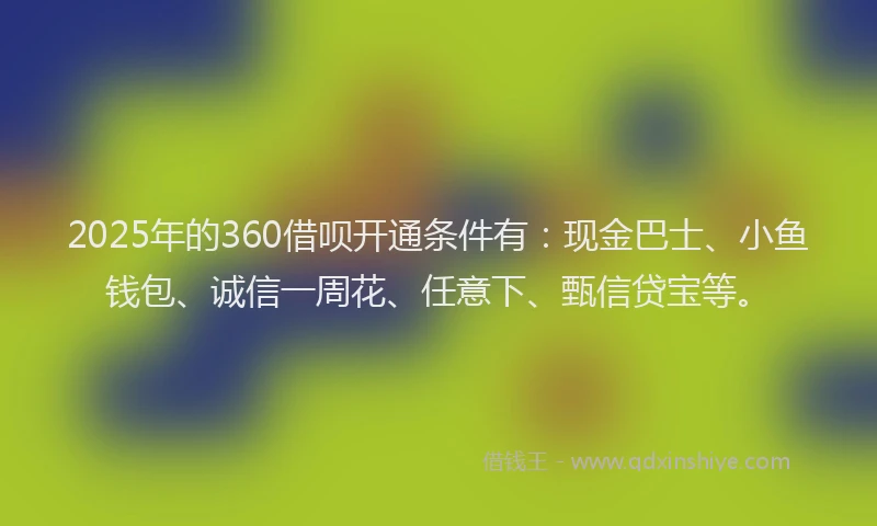 2025年的360借呗开通条件有：现金巴士、小鱼钱包、诚信一周花、任意下、甄信贷宝等。