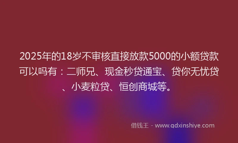 2025年的18岁不审核直接放款5000的小额贷款可以吗有:二师兄、现金秒贷通宝、贷你无忧贷、小麦粒贷、恒创商城等。