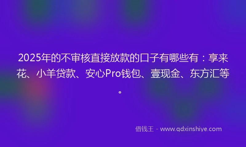 2025年的不审核直接放款的口子有哪些有：享来花、小羊贷款、安心Pro钱包、壹现金、东方汇等。