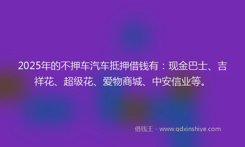 2025年的不押车汽车抵押借钱有：现金巴士、吉祥花、超级花、爱物商城、中安信业等。