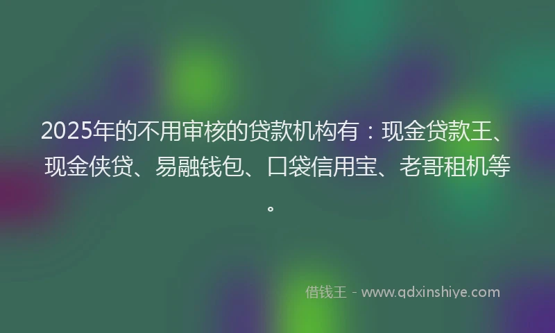 2025年的不用审核的贷款机构有：现金贷款王、现金侠贷、易融钱包、口袋信用宝、老哥租机等。