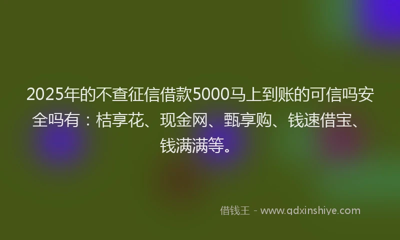 2025年的不查征信借款5000马上到账的可信吗安全吗有：桔享花、现金网、甄享购、钱速借宝、钱满满等。