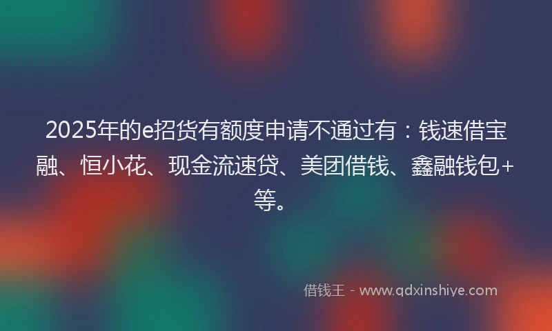 2025年的e招货有额度申请不通过有：钱速借宝融、恒小花、现金流速贷、美团借钱、鑫融钱包+等。