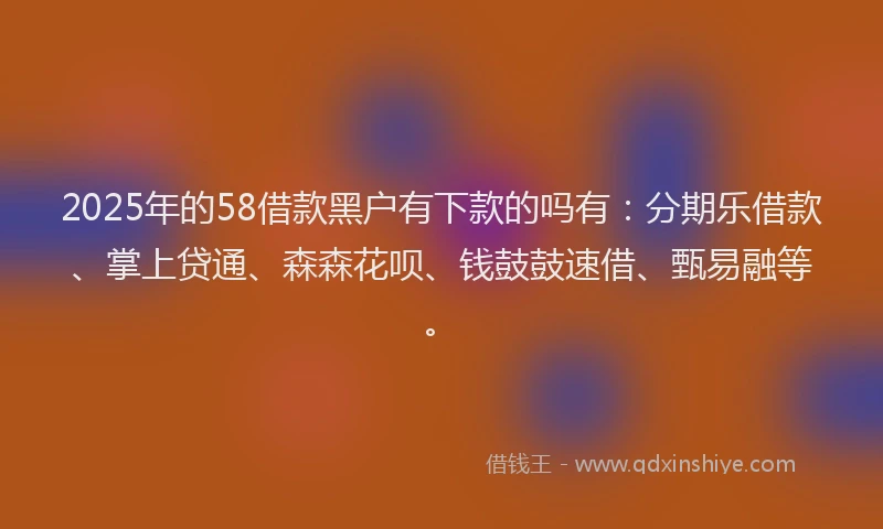 2025年的58借款黑户有下款的吗有：分期乐借款、掌上贷通、森森花呗、钱鼓鼓速借、甄易融等。