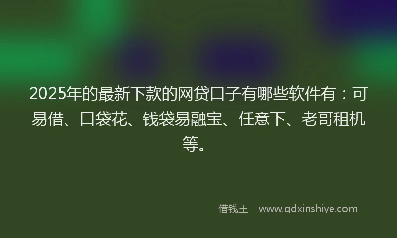2025年的最新下款的网贷口子有哪些软件有：可易借、口袋花、钱袋易融宝、任意下、老哥租机等。