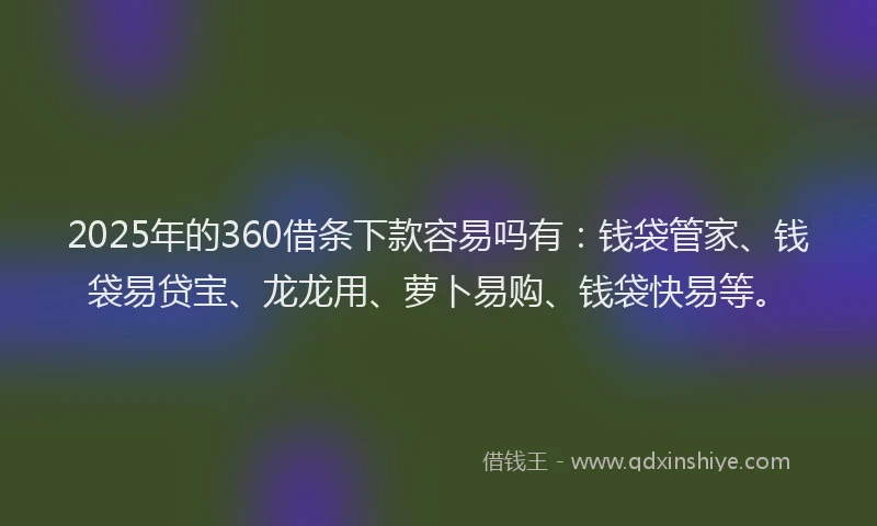 2025年的360借条下款容易吗有：钱袋管家、钱袋易贷宝、龙龙用、萝卜易购、钱袋快易等。